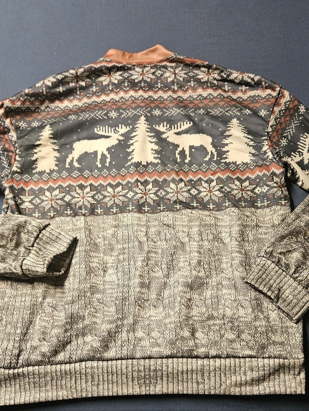 Fair Isle Zip Pullover with Reindeer & Elbow Patches - Navy, Cream & Rust